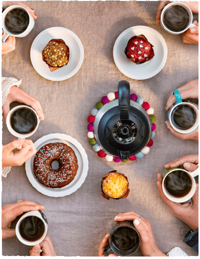 senseo machines switch table full of coffee